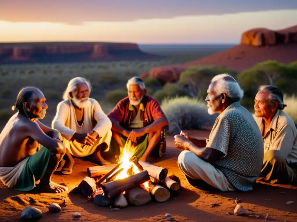 Un grupo de ancianos indígenas se reúne alrededor de una fogata en el Outback australiano, compartiendo historias ancestrales