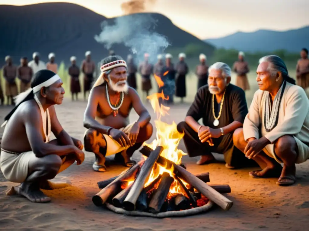 Un grupo de ancianos indígenas se reúnen alrededor de un fuego en una ceremonia tradicional