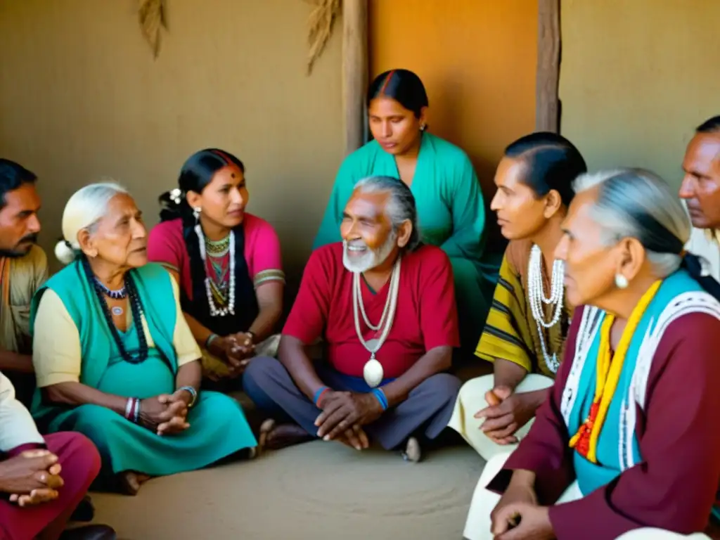 Grupo de ancianos indígenas compartiendo historias orales en lenguas Nilosaharianas, mostrando la riqueza vocal y diversidad cultural