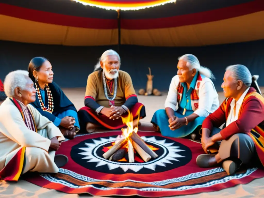 Grupo de ancianos indígenas reunidos alrededor del fuego, compartiendo sabiduría y aprendiendo lenguas raíces ancestrales