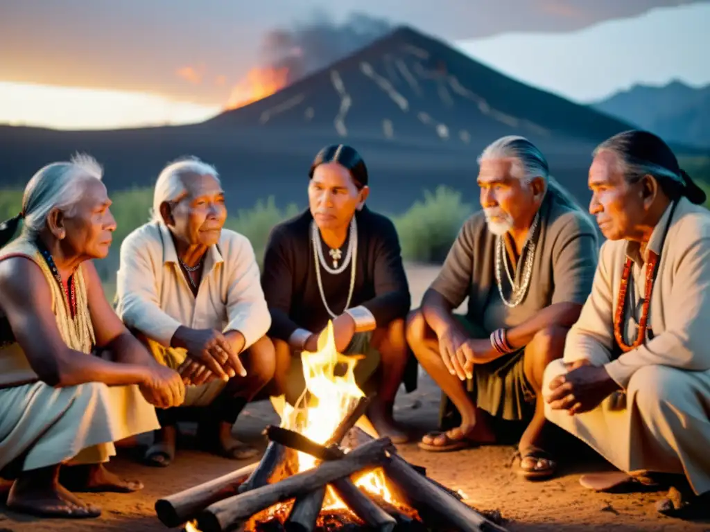 Grupo de ancianos indígenas reunidos alrededor de un fuego, compartiendo historias tradicionales