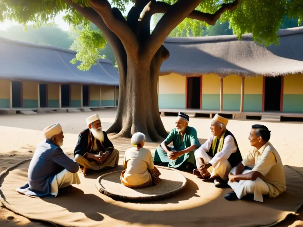 Grupo de ancianos indoArianos conversando bajo los árboles en un centro de preservación cultural, destacando sus tradiciones y vestimenta