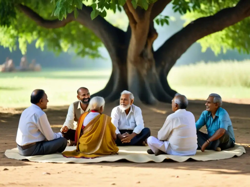 Grupo de ancianos indoArios preservando tradiciones bajo un árbol centenario