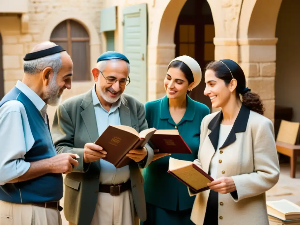 Un grupo de ancianos israelíes se reúnen en un patio soleado, sosteniendo libros de texto en hebreo desgastados