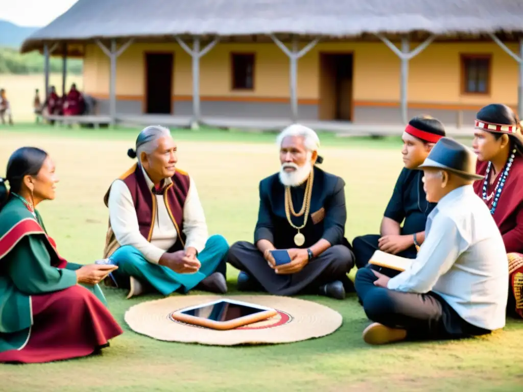 Grupo de ancianos y jóvenes indígenas preservando su idioma ancestral con tecnología moderna al atardecer