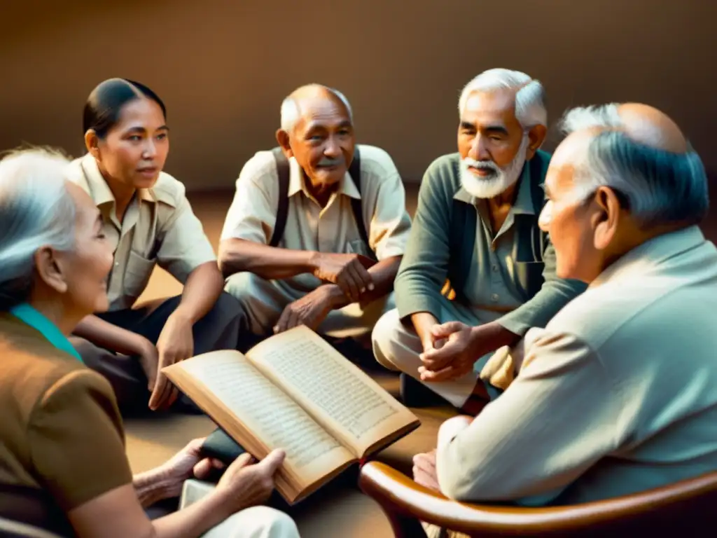 Un grupo de ancianos conversa, cada uno con un libro antiguo en mano, simbolizando la preservación de sus dialectos