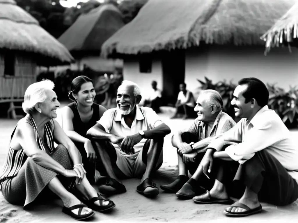 Conversación animada en la aldea Manés: preservando la herencia cultural Grupo de ancianos Manés conversando animadamente bajo un techo de paja en una aldea tradicional