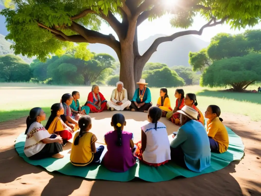 Grupo de ancianos y niños indígenas aprendiendo la lengua nativa bajo un árbol