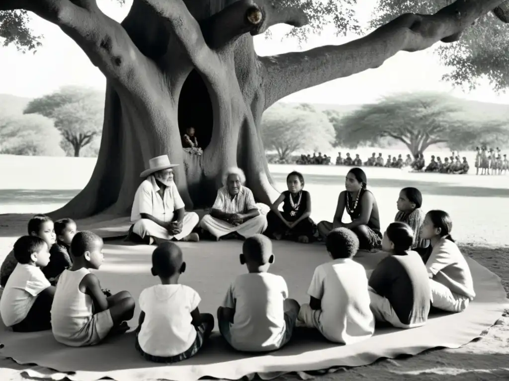 Grupo de ancianos y niños indígenas escuchando historias bajo un árbol