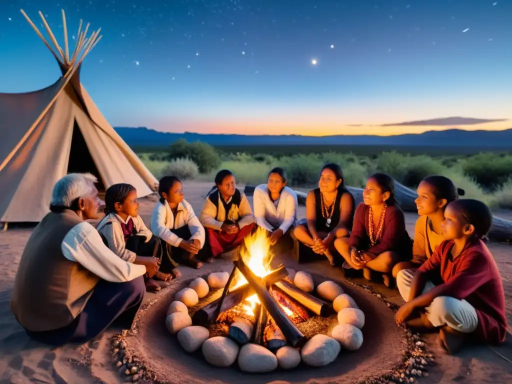 Grupo de ancianos y niños indígenas reunidos alrededor de una fogata, escuchando historias bajo un cielo estrellado