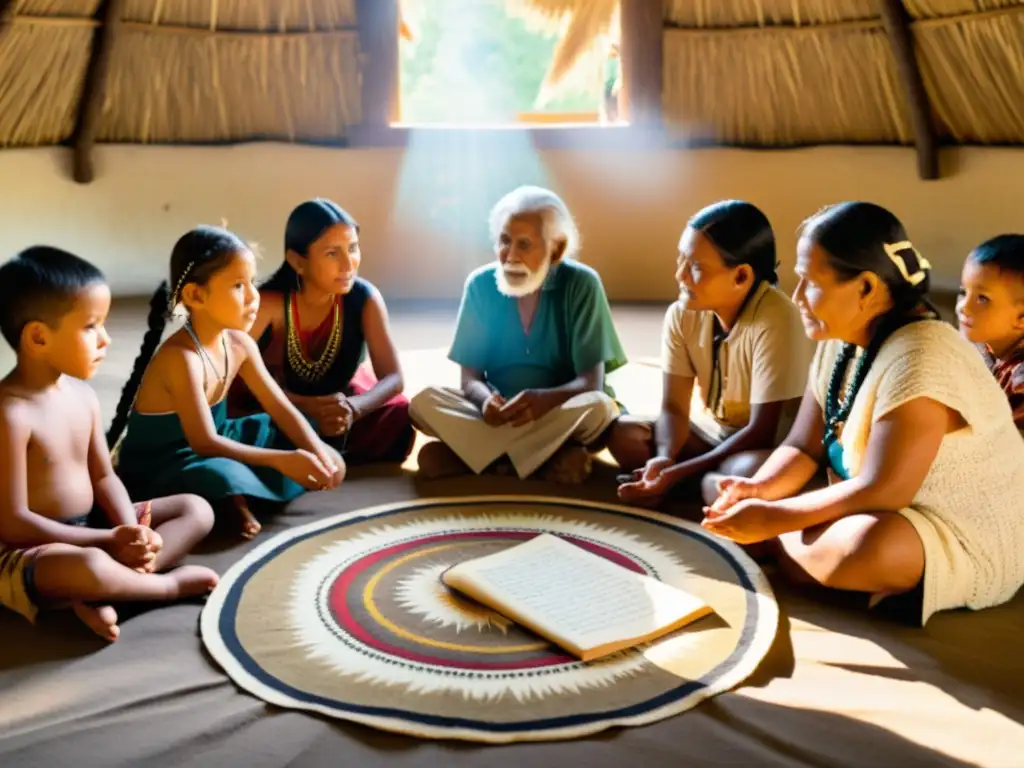 Un grupo de ancianos y niños indígenas preservando el idioma nativo con manuscritos antiguos