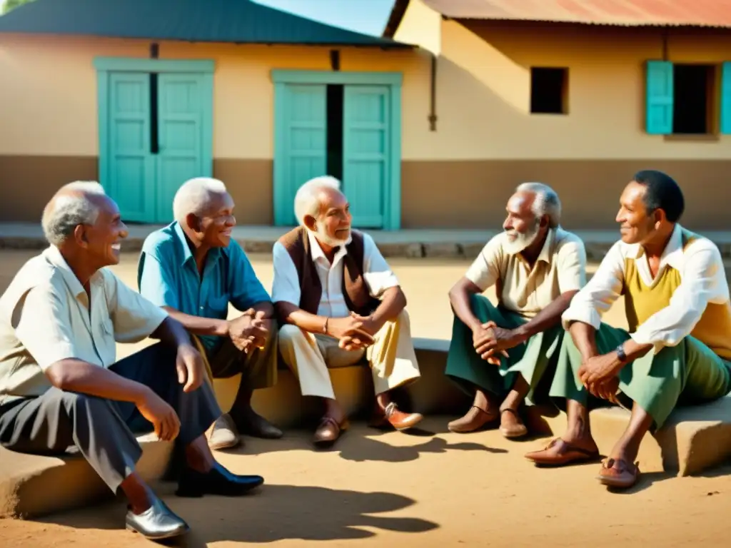 Un grupo de ancianos conversando animadamente en una plaza de pueblo