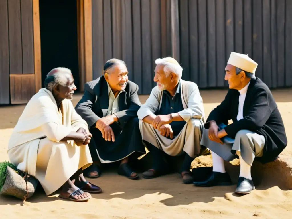 Un grupo de ancianos en profunda conversación, exudando sabiduría y tradición