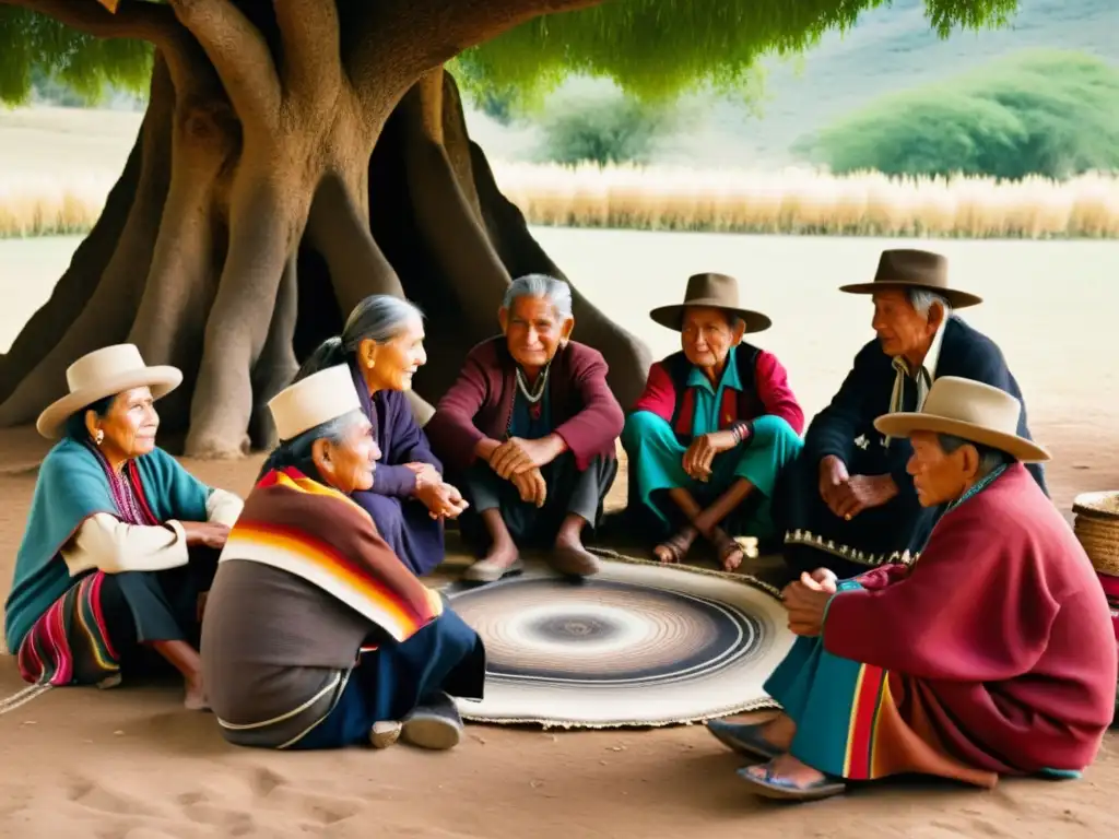 Un grupo de ancianos Quechua conversando bajo un árbol, luciendo sus singulares vestimentas y textiles