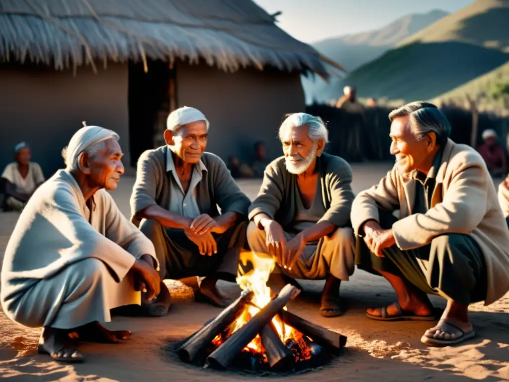 Grupo de ancianos Aimara reunidos alrededor del fuego, conversando animadamente, mostrando la resistencia del idioma Aimara