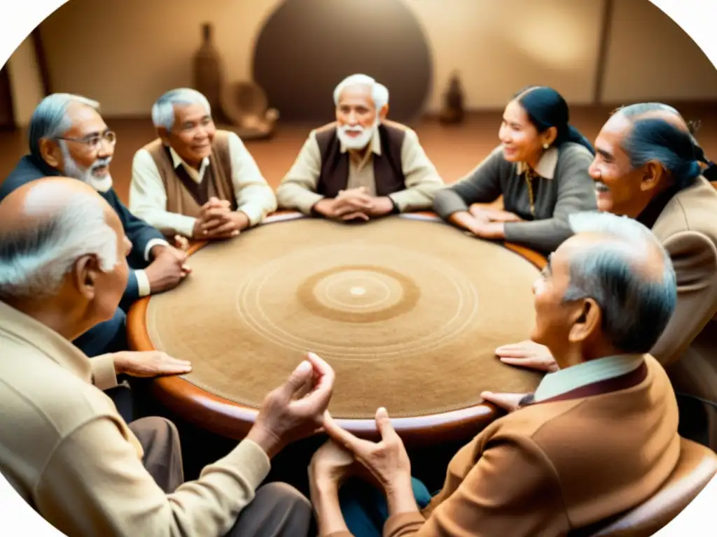 Un grupo de ancianos conversando animadamente, transmitiendo sabiduría y preservando lenguas a través de la transmisión oral