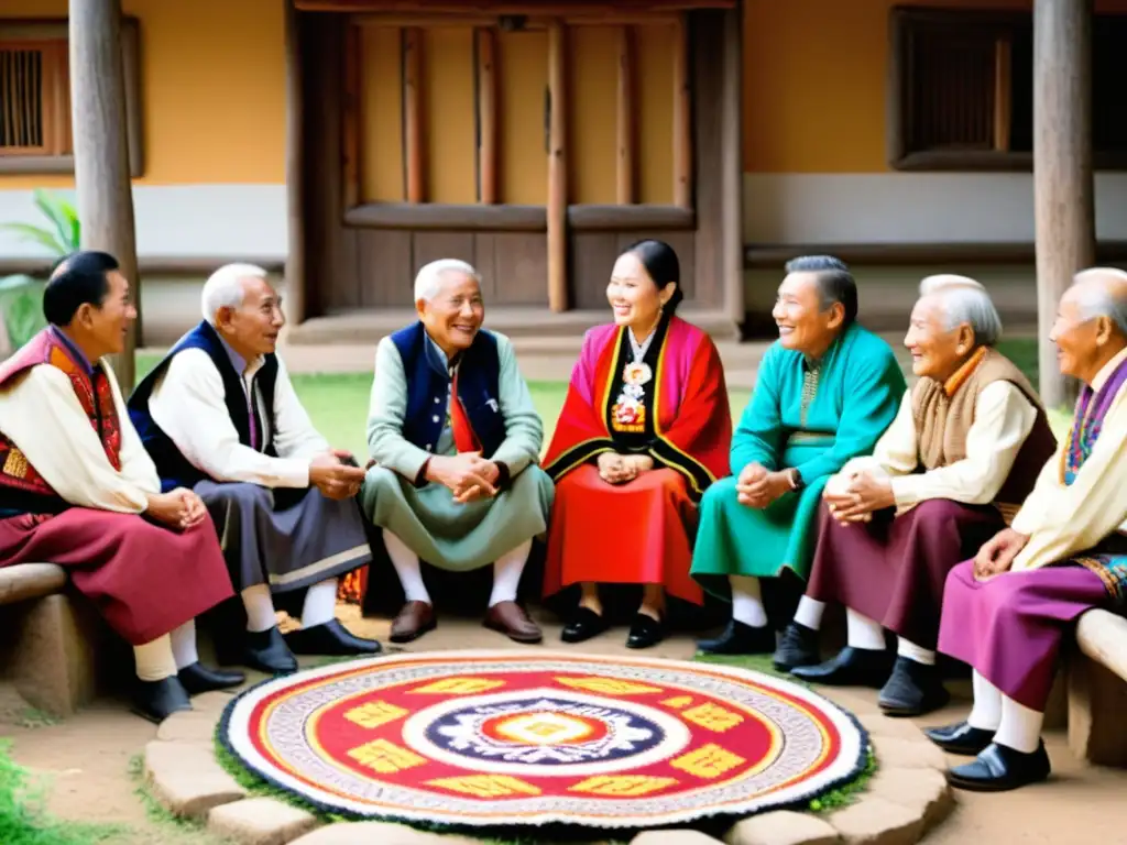 Grupo de ancianos sinotibetanos en animada charla, vistiendo trajes tradicionales con impacto migración lenguas sinotibetanas