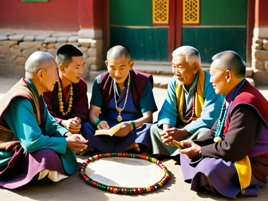 Un grupo de ancianos tibetanos en una animada discusión, rodeados de arquitectura tradicional