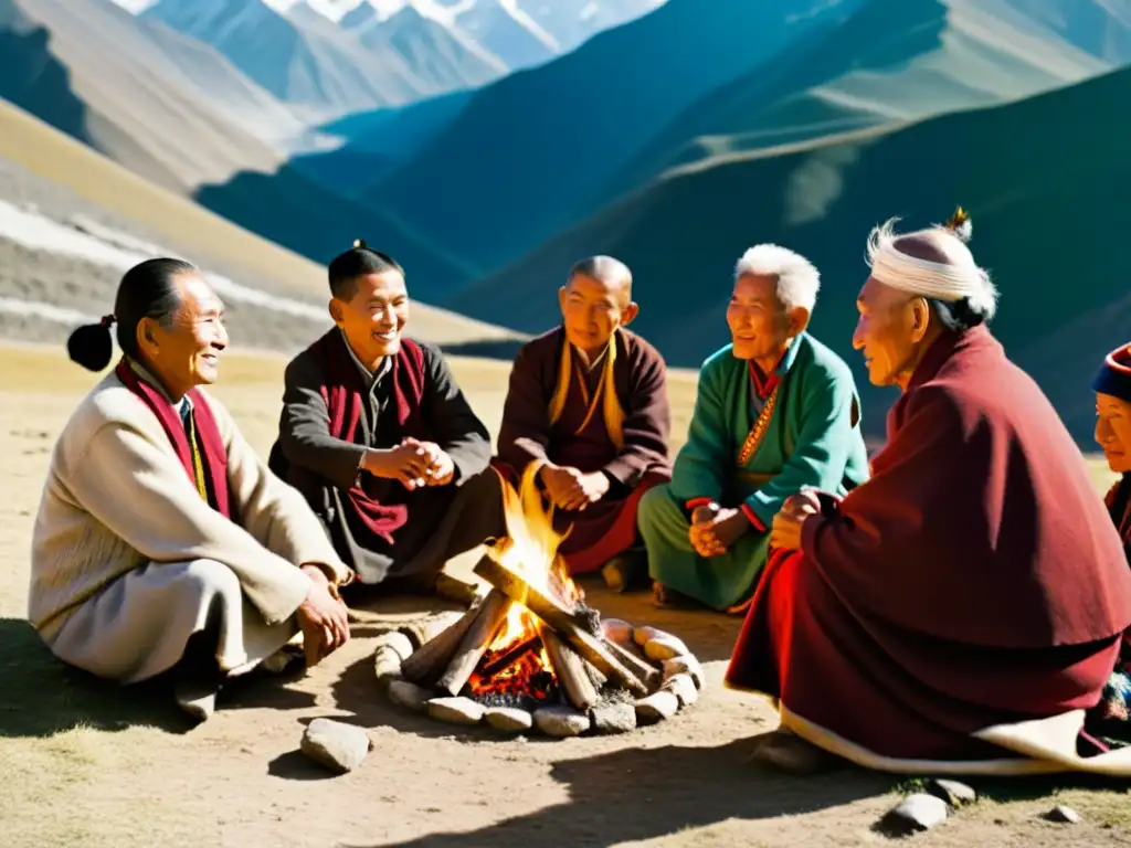 Grupo de ancianos tibetanos cuentan historias alrededor de la fogata, evocando la evolución de la literatura tibetana entre tradición oral y escrita