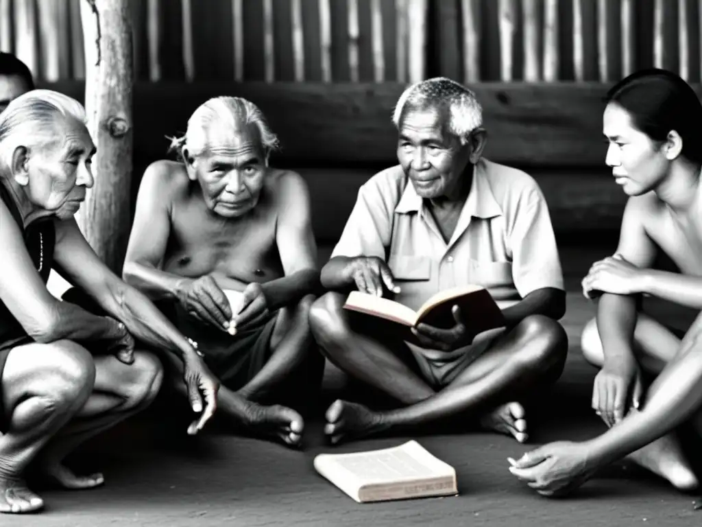 Grupo de ancianos preservando tradiciones lingüísticas en comunidad remota, luchando contra factores de extinción lingüística idiomas