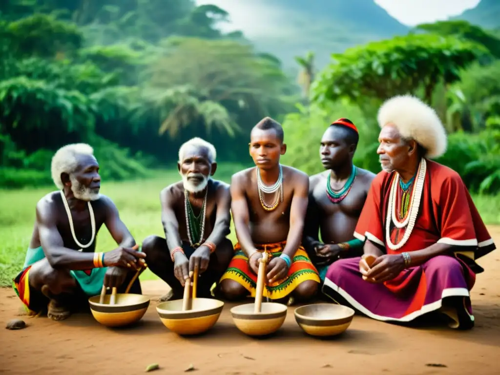 Un grupo de ancianos tribales realiza un ritual africano entre exuberante vegetación