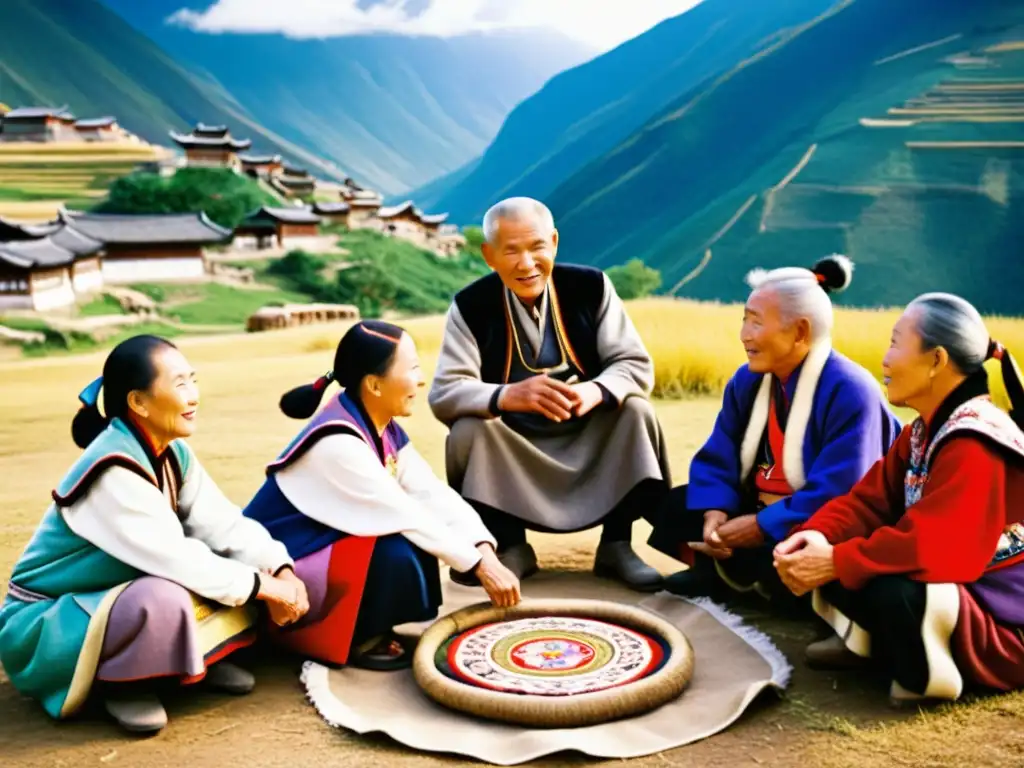 Un grupo de ancianos Naxi en conversación urgente, vistiendo trajes tradicionales