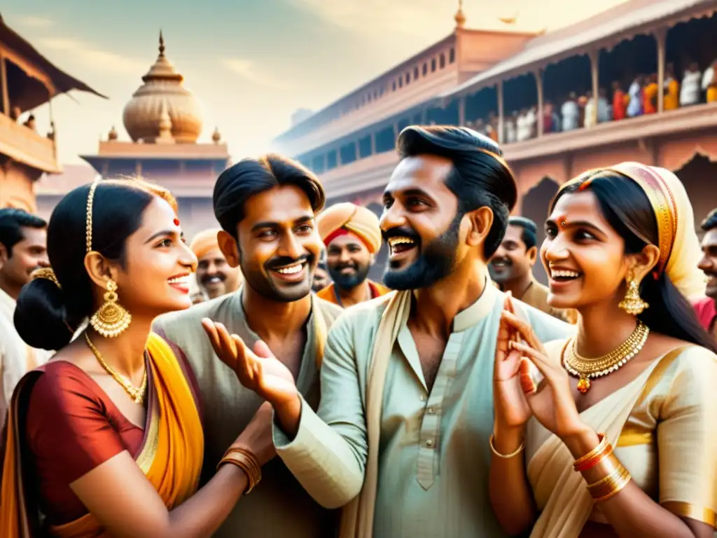 Grupo en animada conversación en un bullicioso mercado de la India antigua, reflejando la entonación en lenguas indoarias