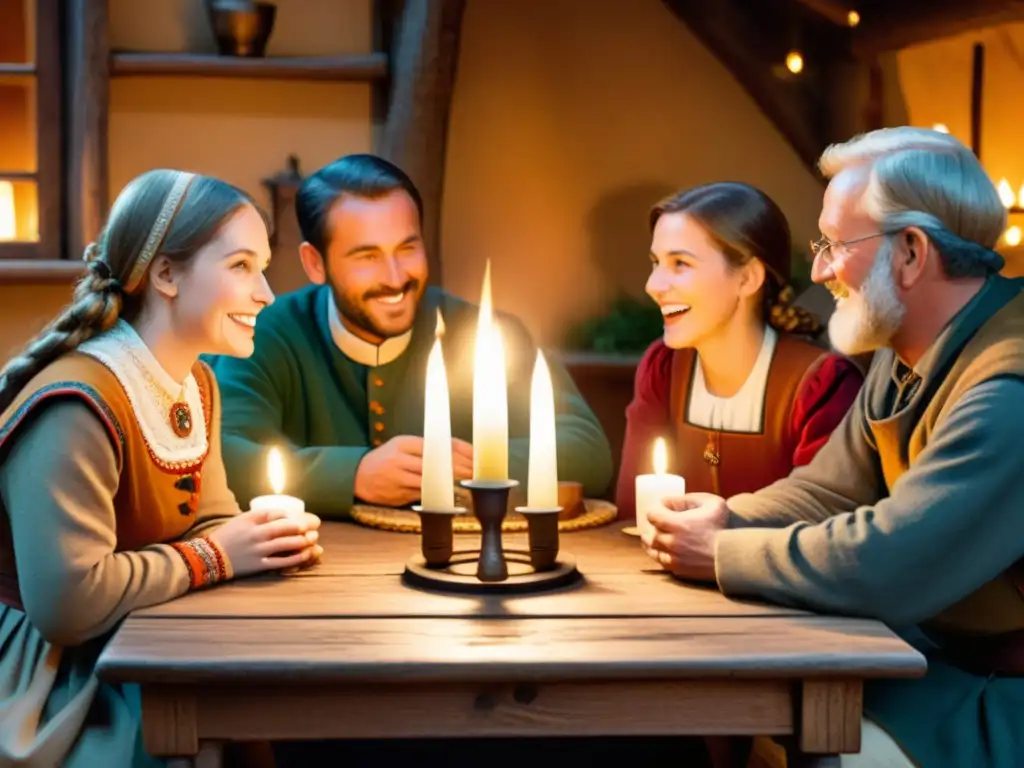 Grupo disfruta animada conversación en un entorno rústico a la luz de las velas, preservando lenguas germánicas en riesgo