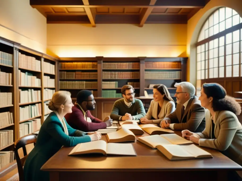 Un grupo animado discute apasionadamente en una biblioteca antigua