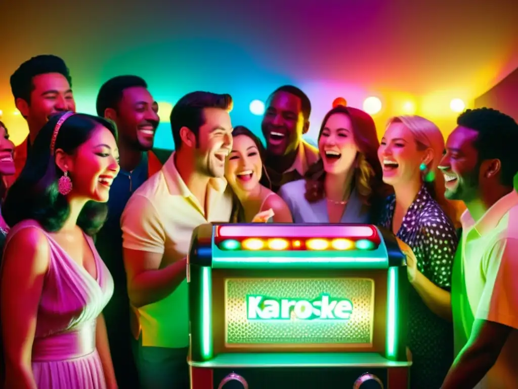 Un grupo animado disfruta cantando en un karaoke retro bajo luces de discoteca
