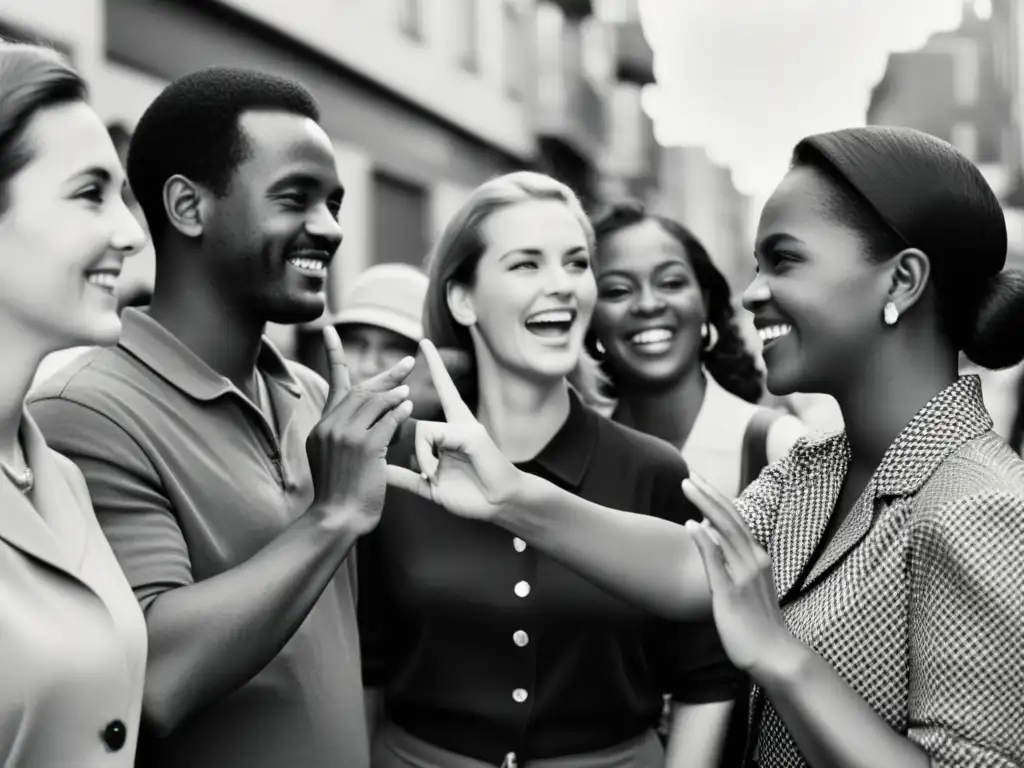 Un grupo animado de personas conversa en lenguaje de signos en un entorno urbano, transmitiendo conexión y comunidad