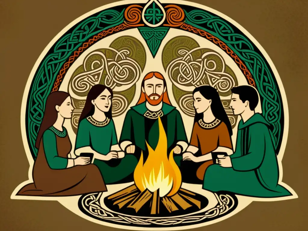 Un grupo de antiguos celtas se reúne alrededor de una hoguera, con patrones celtas adornando su ropa y entorno