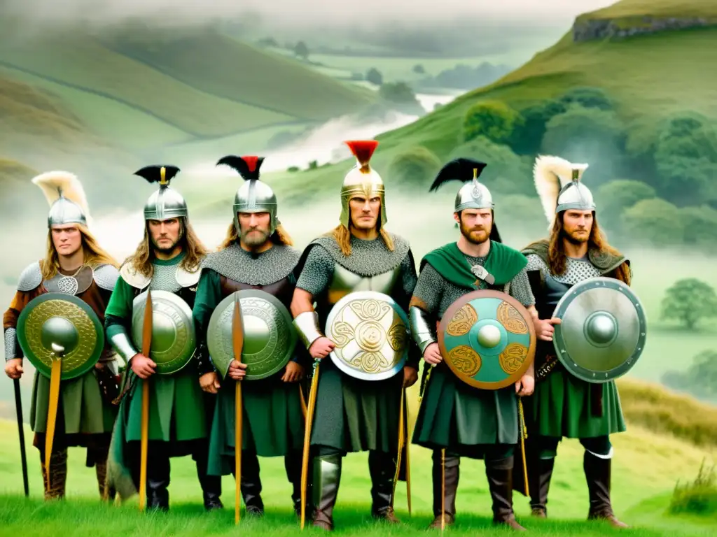 Un grupo de antiguos guerreros celtas con armaduras y espadas ornamentadas, en un paisaje de colinas verdes y bosques neblinosos
