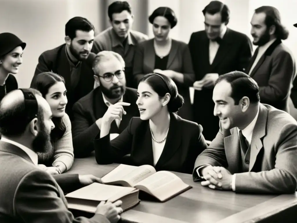 Un grupo apasionado debate la revitalización del hebreo en Israel en una acogedora habitación llena de libros en una fotografía en blanco y negro