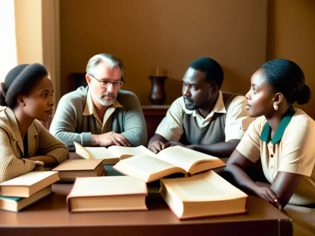 Un grupo de Autores fundamentales del Afrikaans discuten apasionadamente alrededor de una mesa, rodeados de libros y papeles