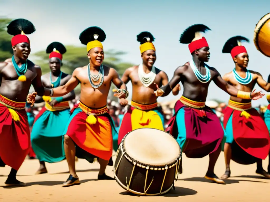 Grupo de bailarines y músicos bantú en trajes tradicionales, ejecutando una rutina vibrante y enérgica