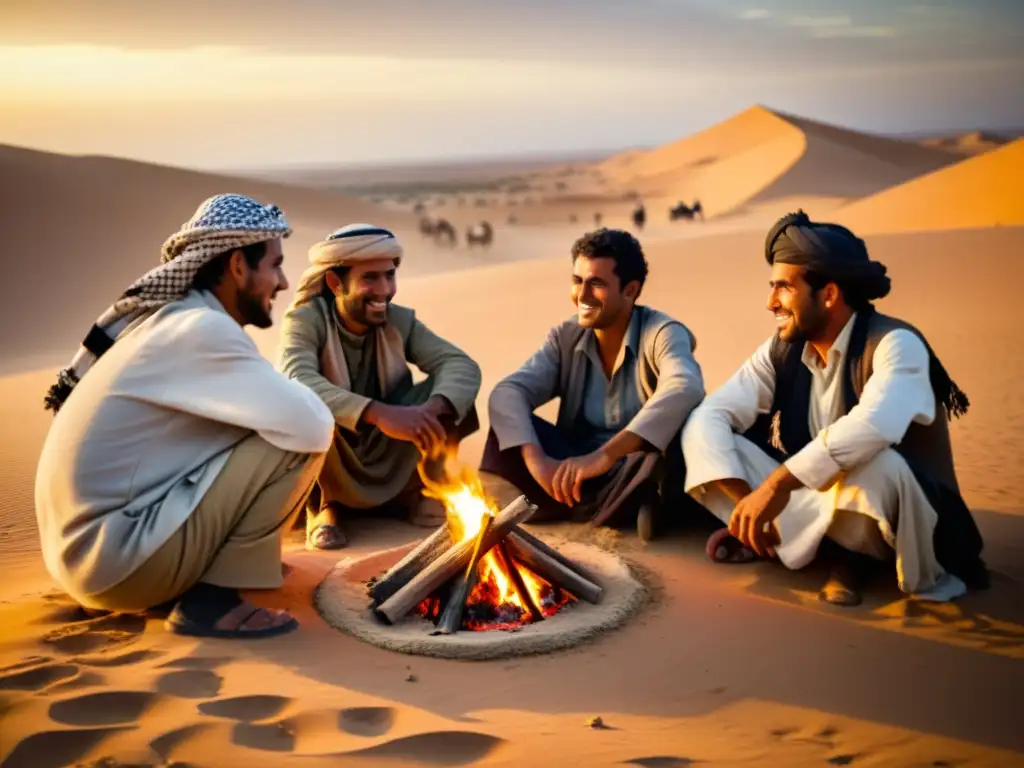 Un grupo de beduinos se reúne alrededor de una fogata en el desierto, sus rostros curtidos por el sol mientras conversan animadamente