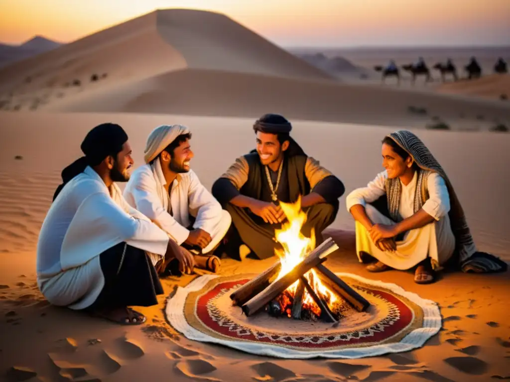 Grupo de beduinos reunidos alrededor de una fogata en el desierto al atardecer, expresando la riqueza de los dialectos beduinos y la cultura árabe