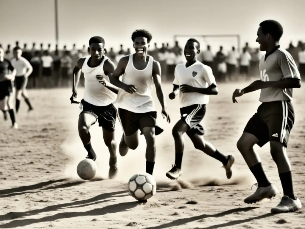 Un grupo de jóvenes juega fútbol con determinación y camaradería en un campo polvoriento mientras una multitud los anima desde la línea lateral