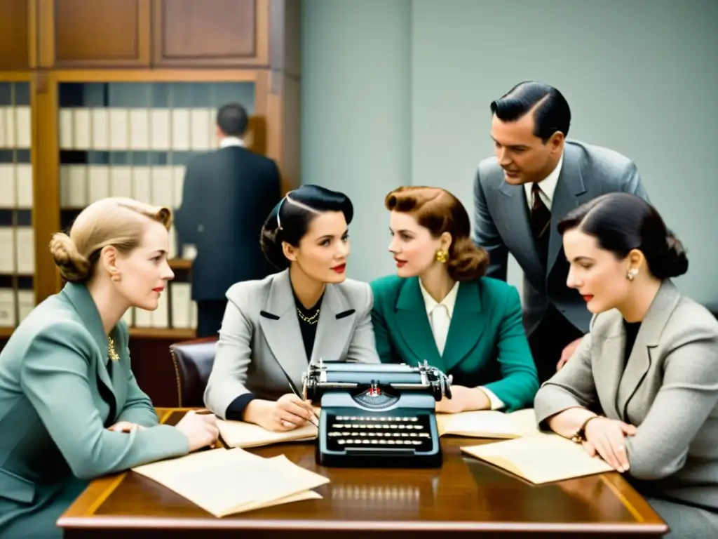 Un grupo de consultores lingüísticos de mediados del siglo XX, colaborando en la localización de contenidos