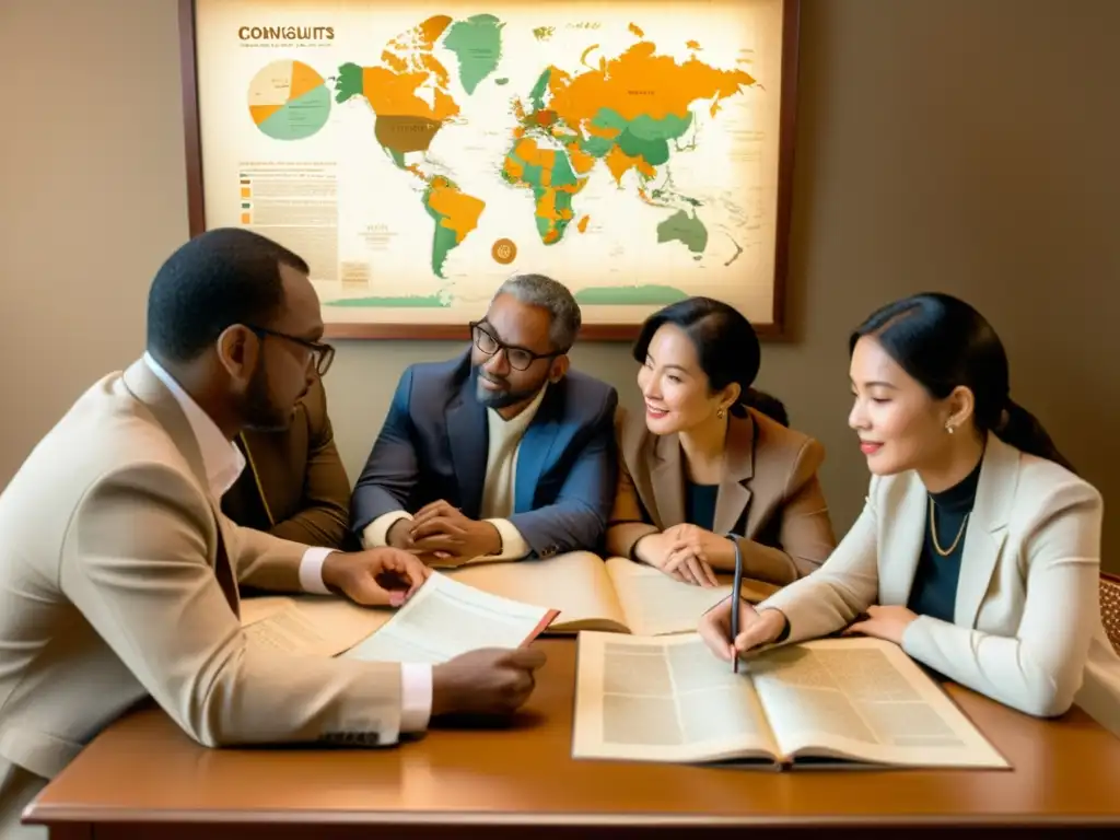 Un grupo de consultores multilingües se reúnen alrededor de una mesa, inmersos en la revisión y localización de contenido cultural y lingüístico