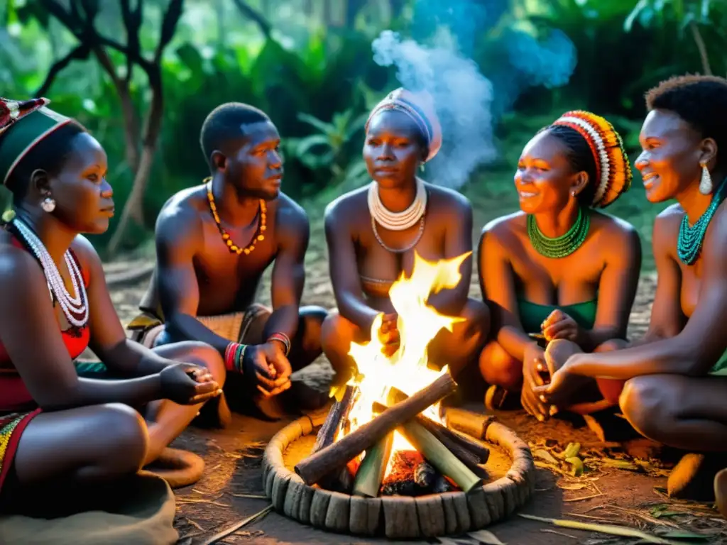 Un grupo de curanderos tradicionales de la comunidad Bantú realizando un ritual de sanación en un bosque africano