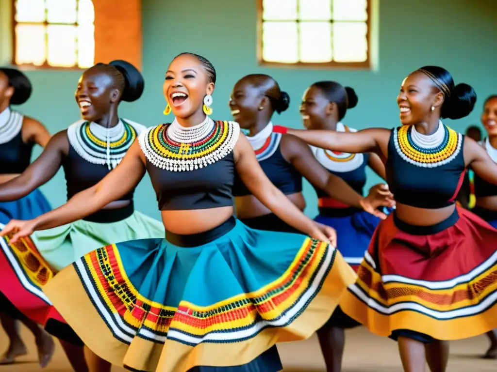 Grupo disfruta de danza tradicional Bantu con ropa vibrante y movimiento dinámico