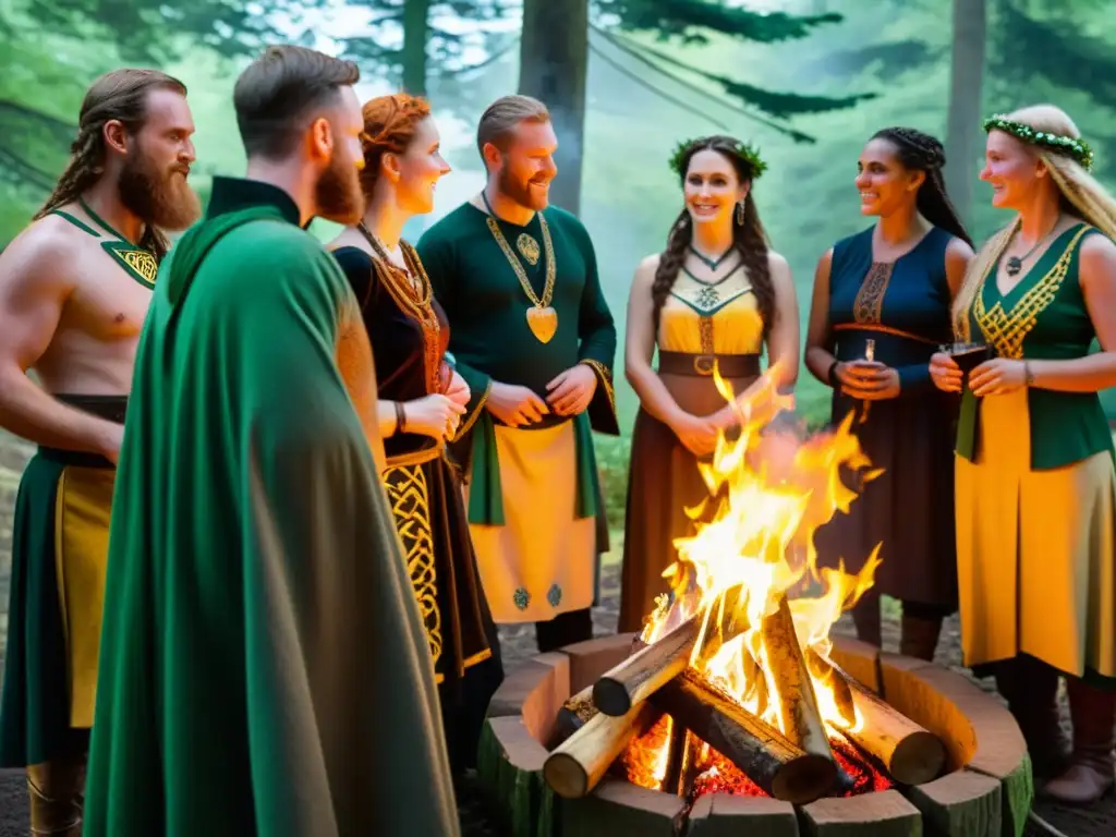 Grupo de descendientes celtas celebra conservación de lenguas celtas diáspora alrededor de fogata en bosque ancestral