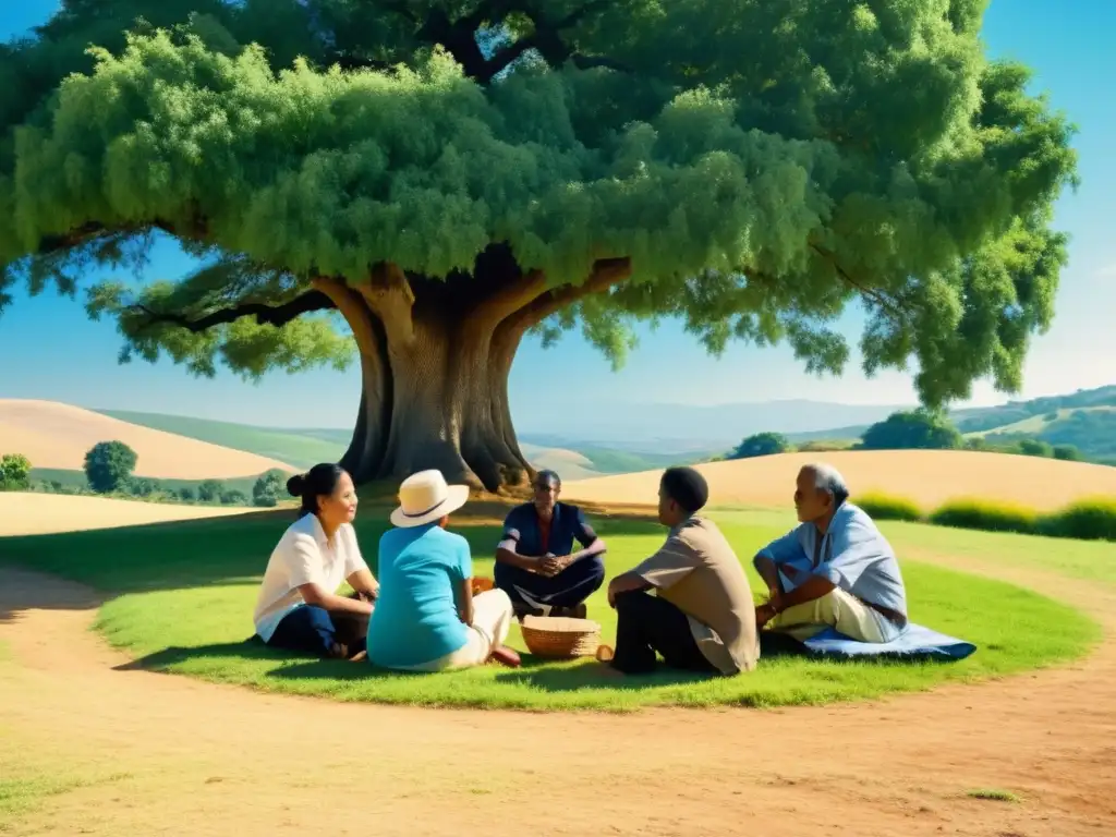 Un grupo diverso disfruta de una animada conversación bajo un árbol centenario, con colinas y cielo azul de fondo