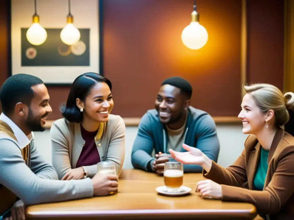 Grupo diverso en animada conversación en programa de intercambio de idiomas en café acogedor de estilo vintage