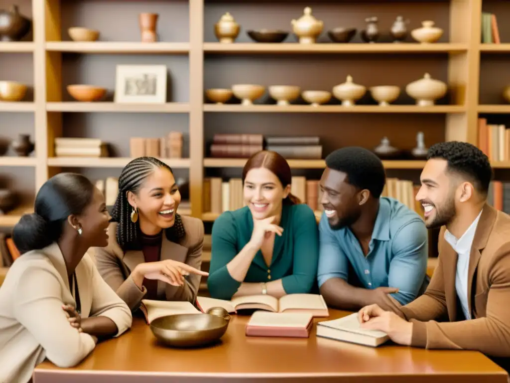 Grupo diverso en animada conversación, rodeado de libros y artefactos antiguos