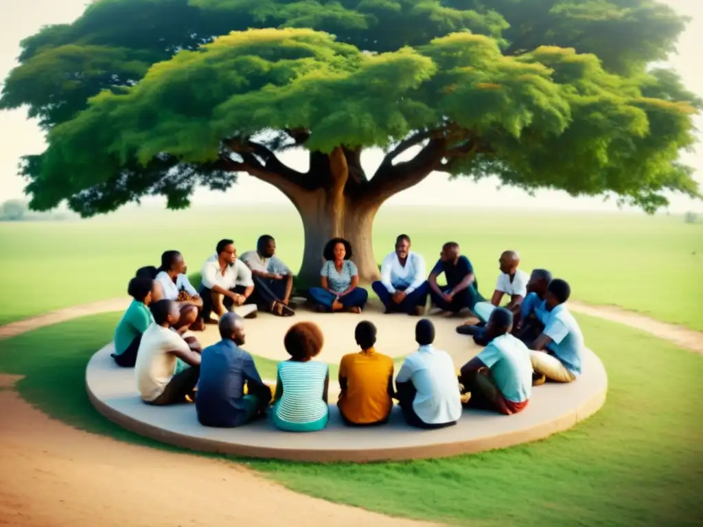 Un grupo diverso se reúne bajo un árbol, inmerso en una animada conversación