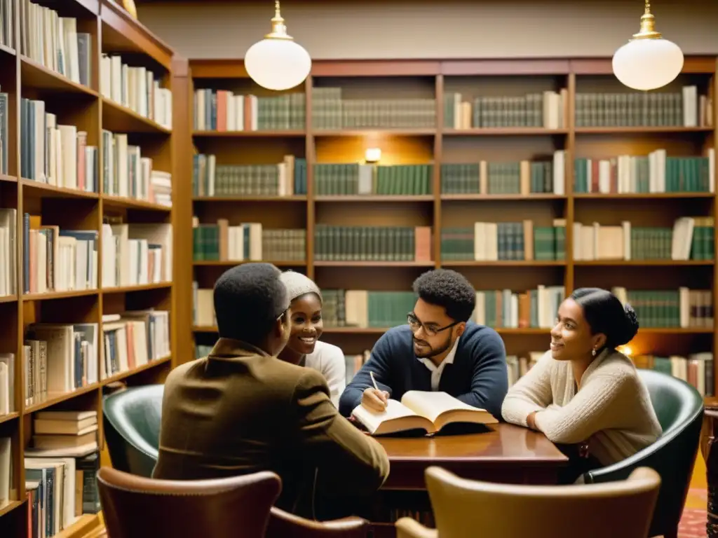 Grupo diverso en biblioteca acogedora, conversando y leyendo libros en varios idiomas, evocando riqueza cultural y literatura bilingüe y multilingüe