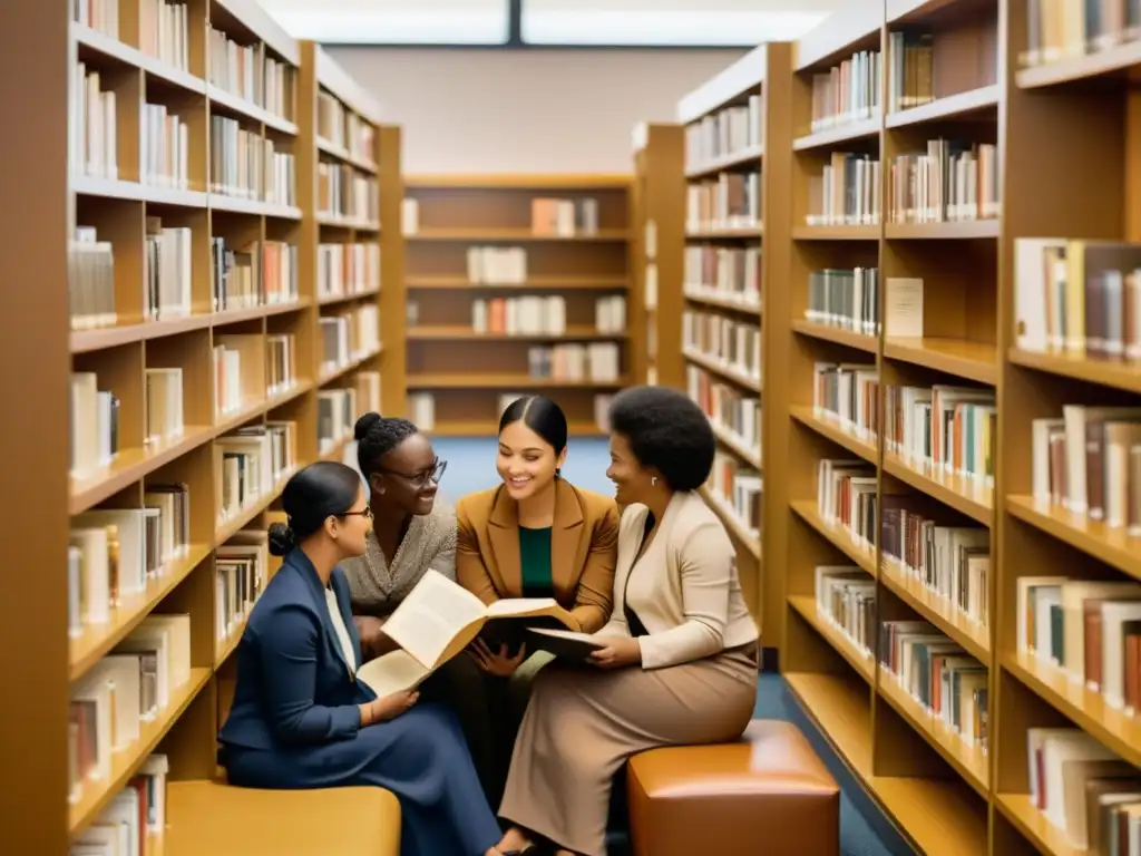 Grupo diverso en biblioteca leyendo literatura multilingüe, enriqueciendo su identidad cultural